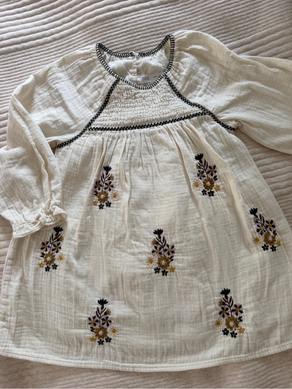 Zara Cream Dress with Black Trim and Multicolor Floral Embroidery